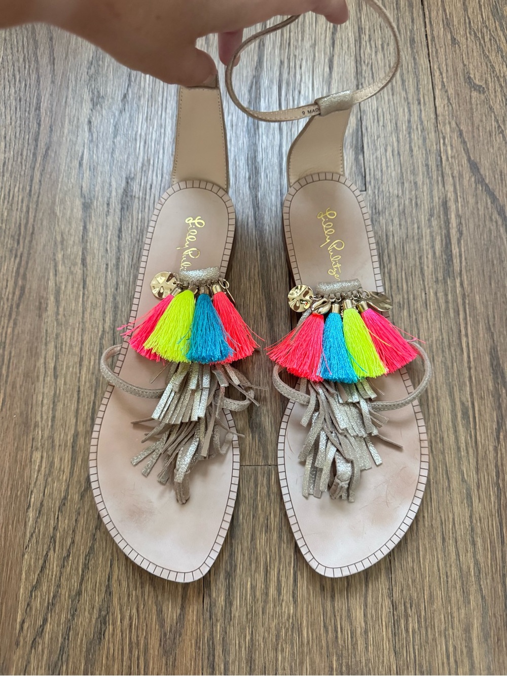 Lilly Pulitzer Metallic Gold Tassel Sandals with Neon Multi-Tassel Accent - Picture 2 of 7